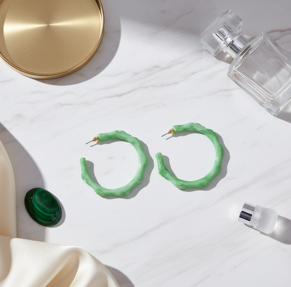 Mint Green Textured Resin Hoop Earrings Stainless Steel Studs