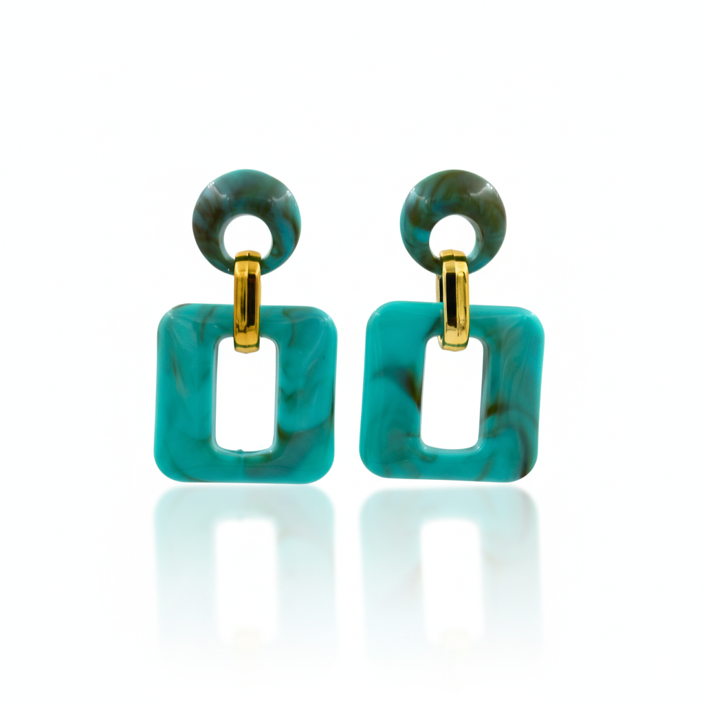 Turquoise Acrylic Geometric Dangle Earrings Gold Tone Studs