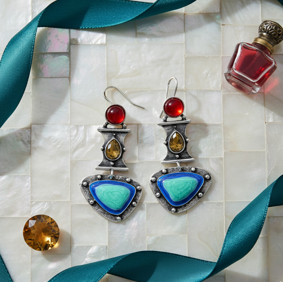 Blue Turquoise Drop Earrings Silver Tone