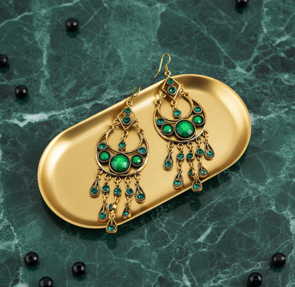 Bohemian Green Stone Tassel Earrings Gold Tone Alloy