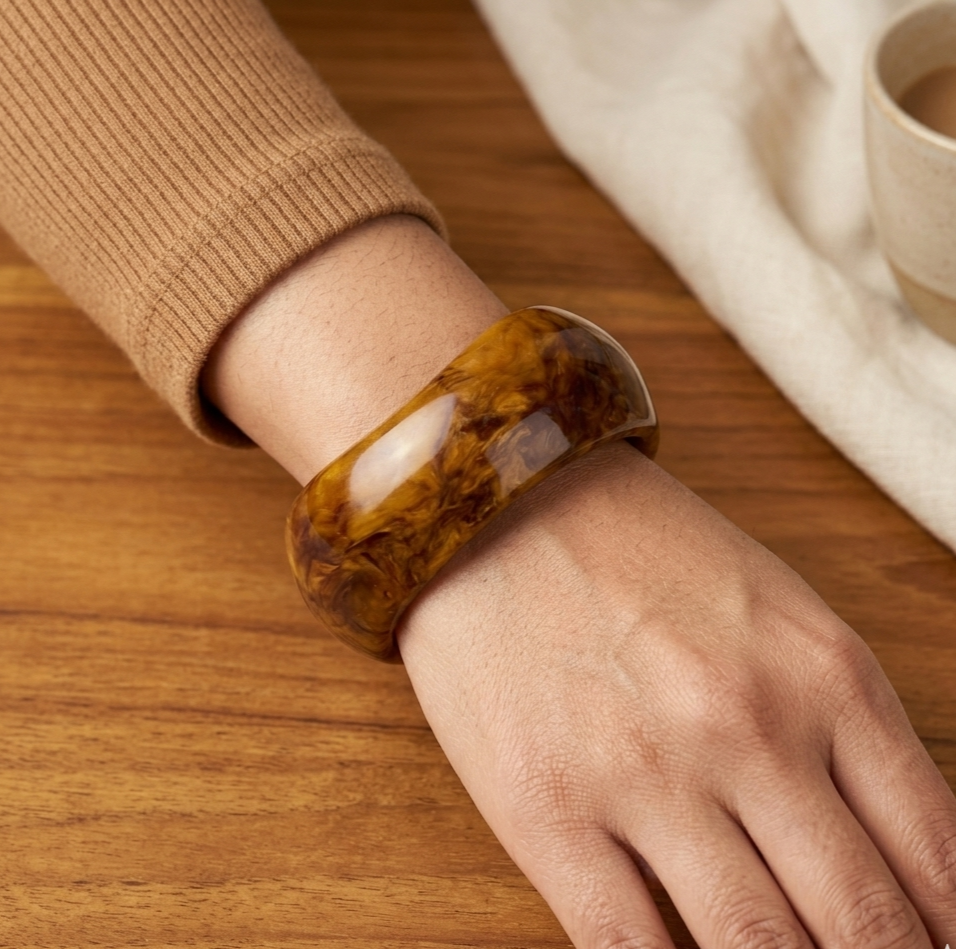 Brown Marbled Resin Statement Bangle Bracelet for Women