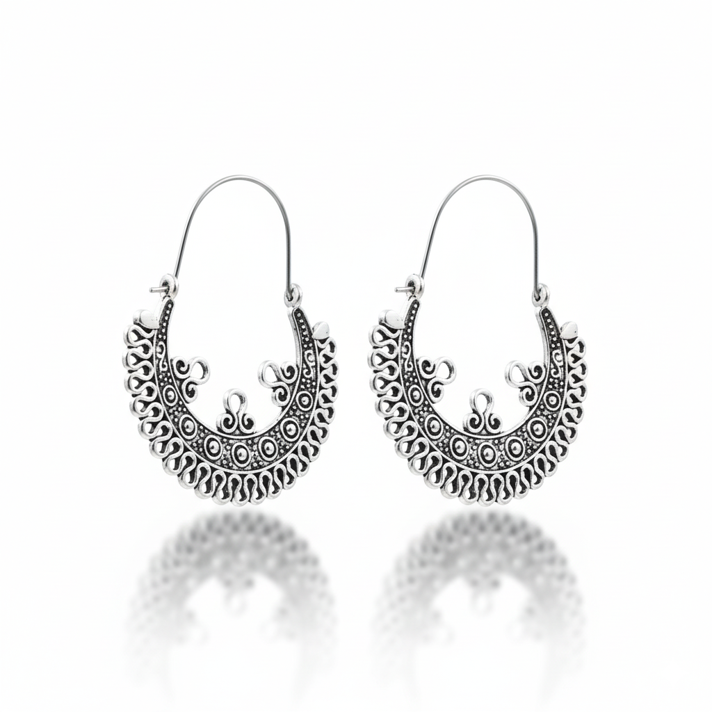 Antique Silver Carved Hoop Earrings Boho Ethnic Style