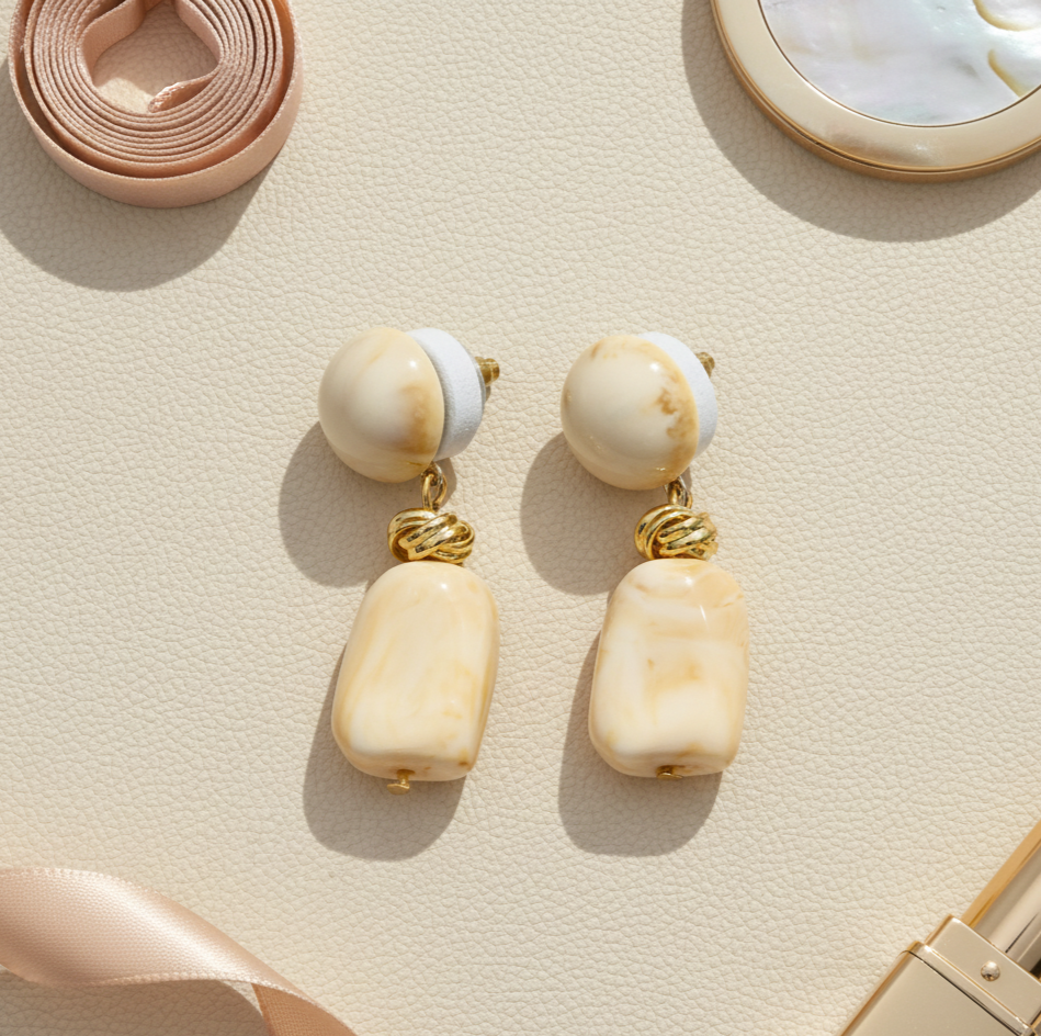 Cream Marble Resin Drop Earrings Gold Tone Knot Detail
