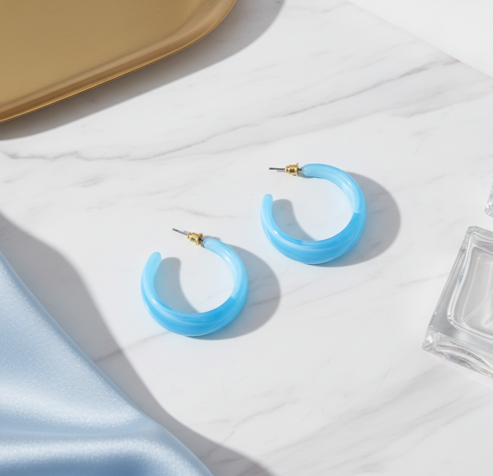 Sky Blue Acrylic Hoop Earrings for Women Bold Glossy Stud Hoops