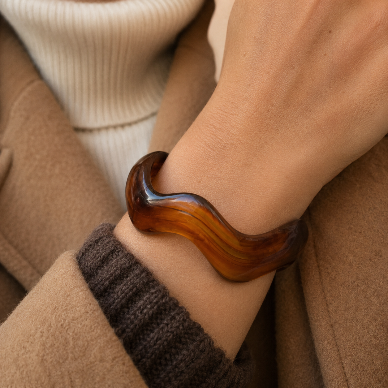 Brown Marble Wave Resin Open Cuff Bracelet for Women
