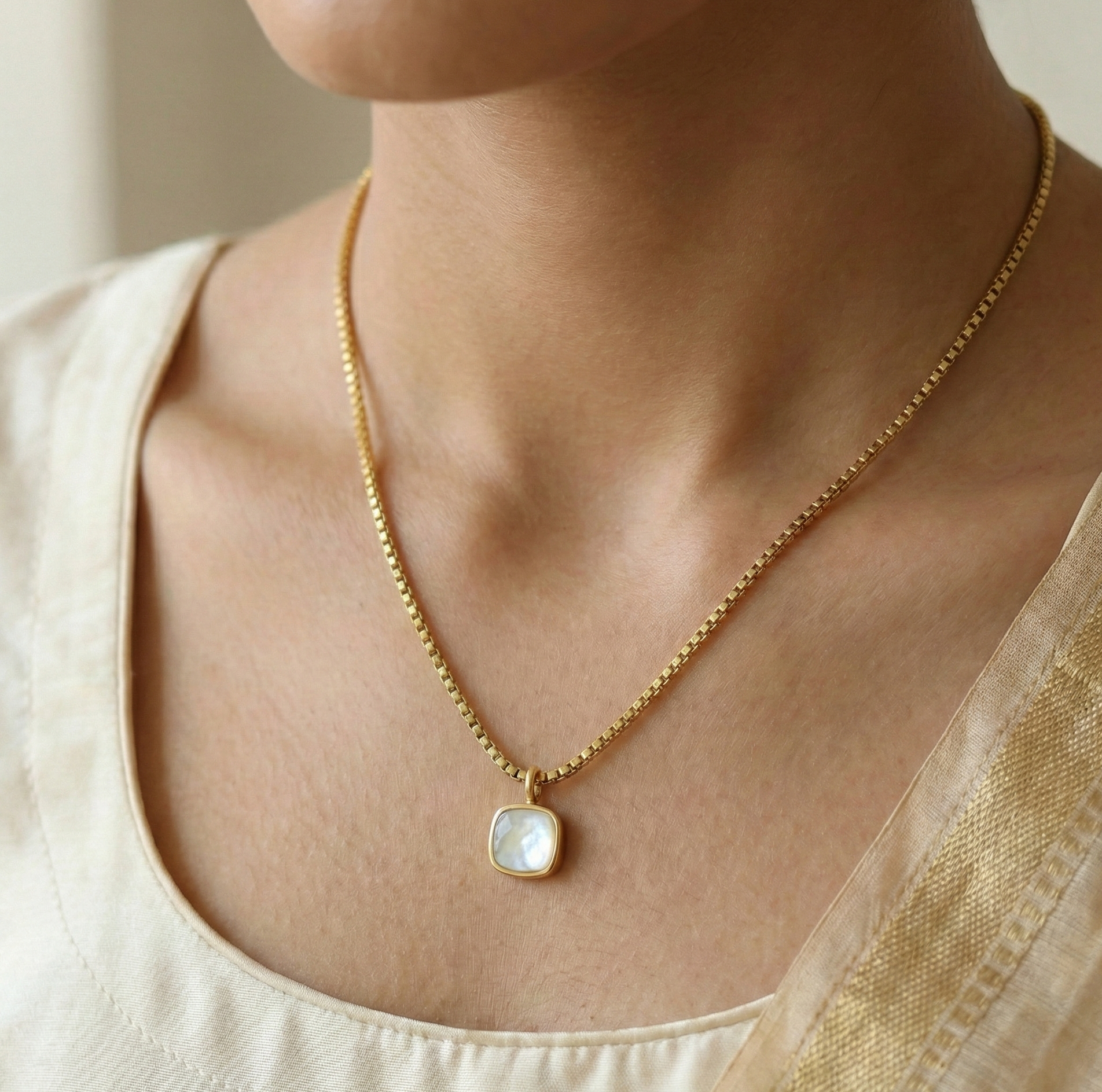 Gold Square Shell Pendant Necklace