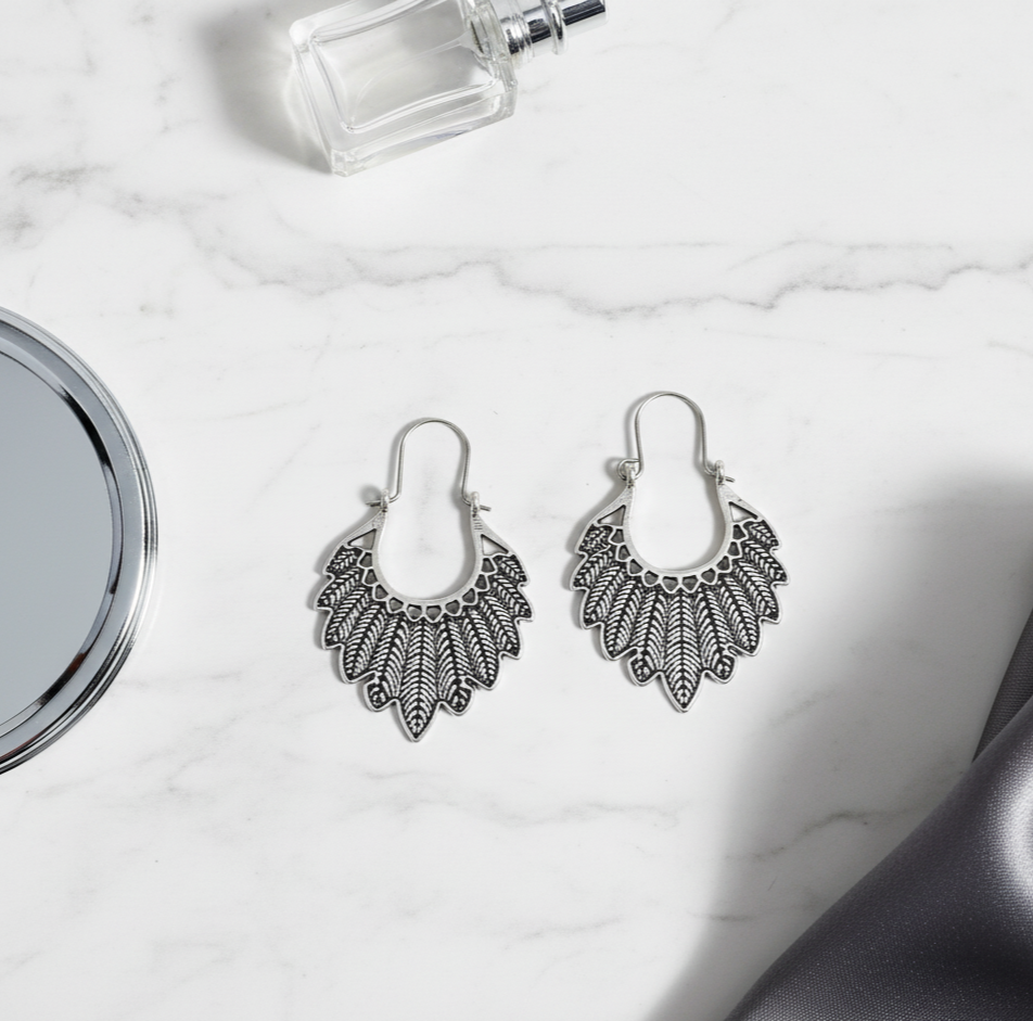 Bohemian Leaf Hoop Earrings Silver Tone Alloy
