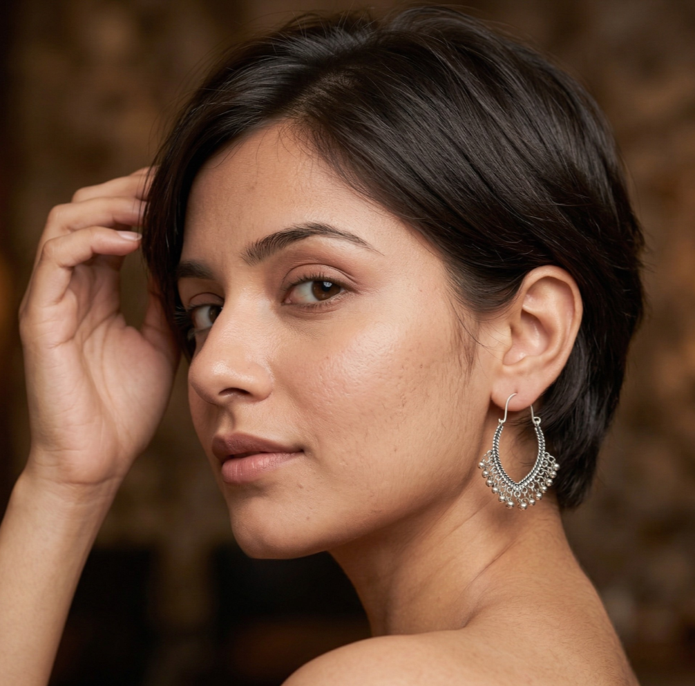 Silver Tone Fringe Hoop Earrings