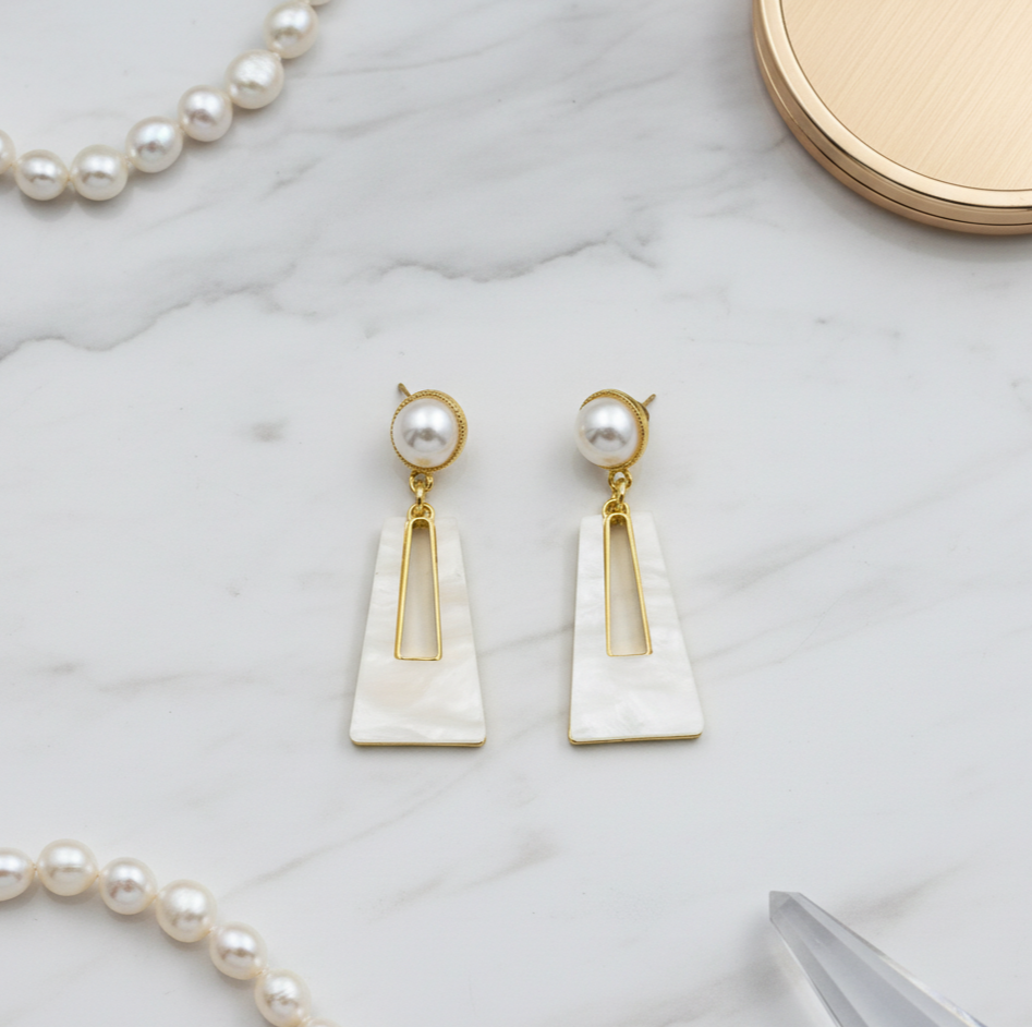 Pearl and White Geometric Drop Earrings Gold Tone Detail
