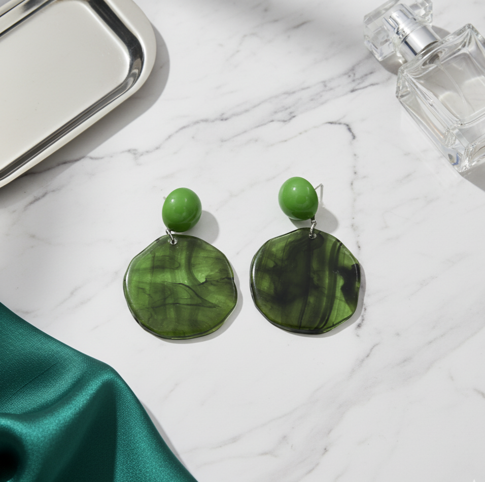 Translucent Green Disc Drop Earrings Silver Tone Detail