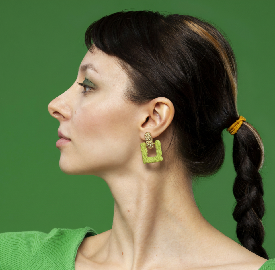 Lime Green Textured Square Drop Earrings Gold Plated Studs