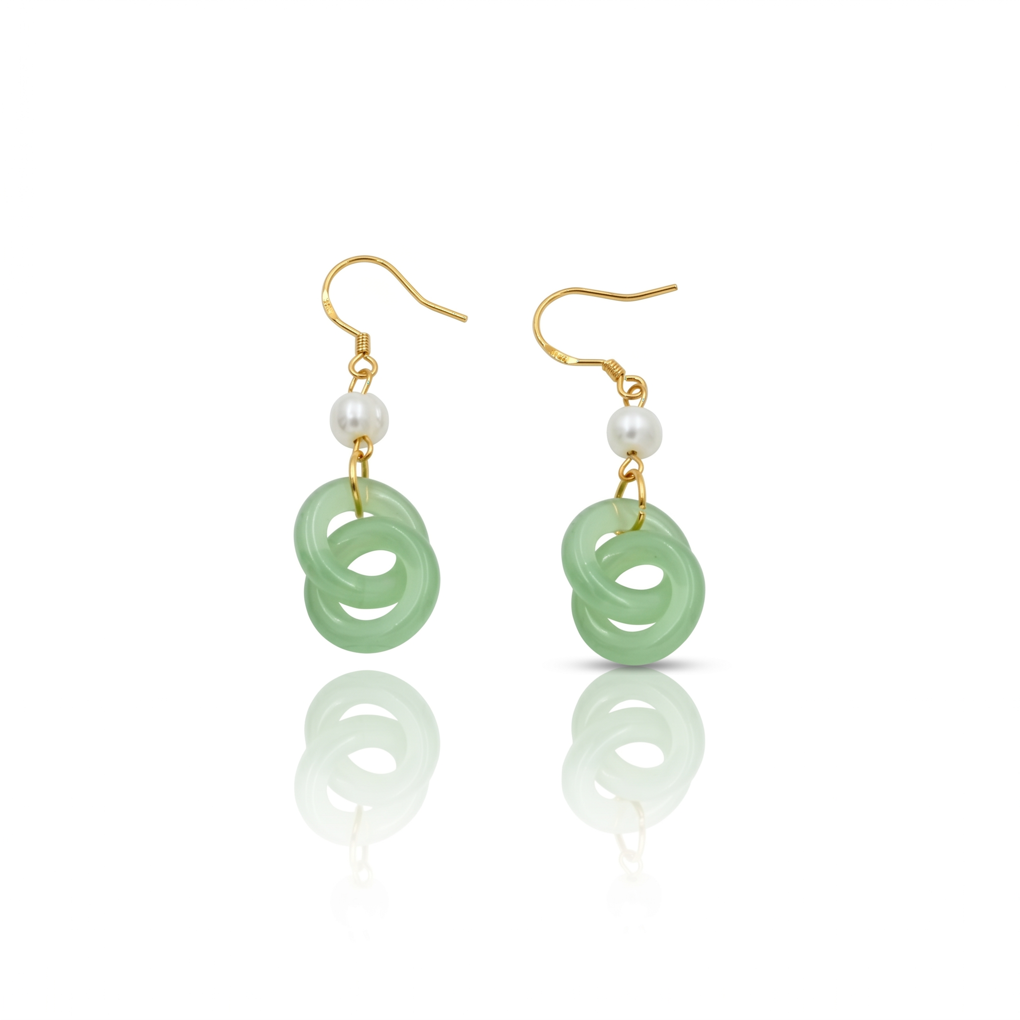 Mint Green Interlocking Resin Drop Earrings with Pearl Bead and Gold Tone Hooks