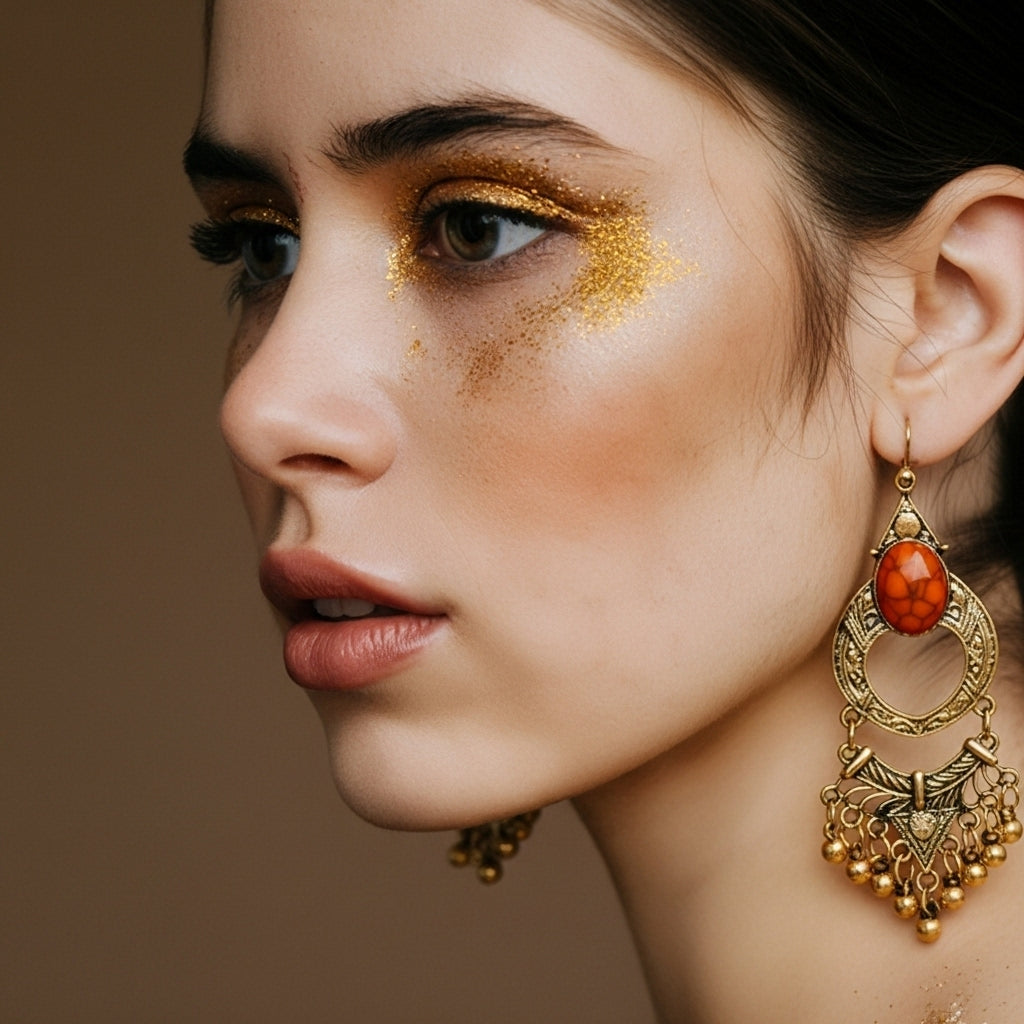 Vintage Bohemian Orange Stone Earrings Gold Tone Ethnic Drop Earrings