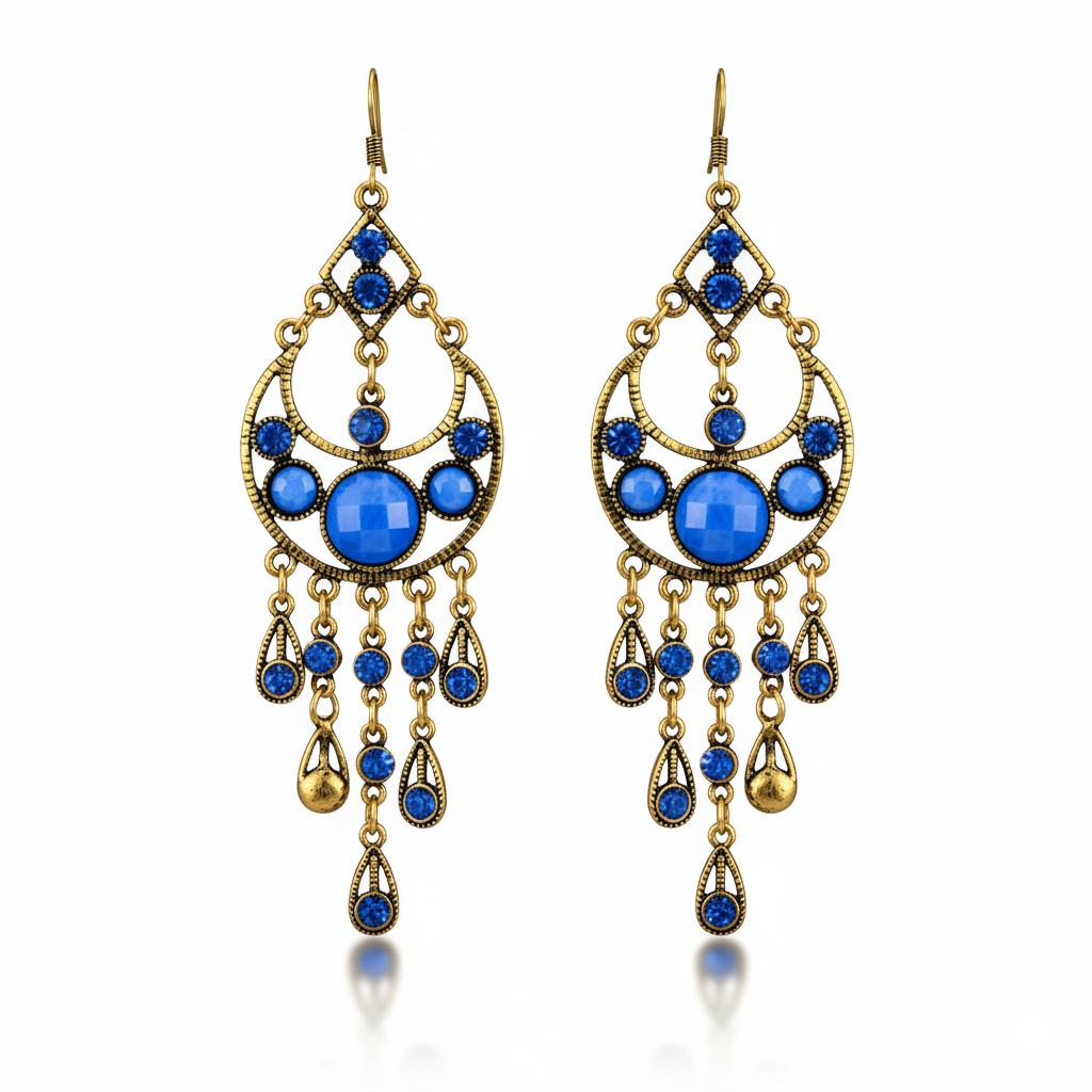 Bohemian Blue Stone Tassel Earrings Gold Tone Alloy