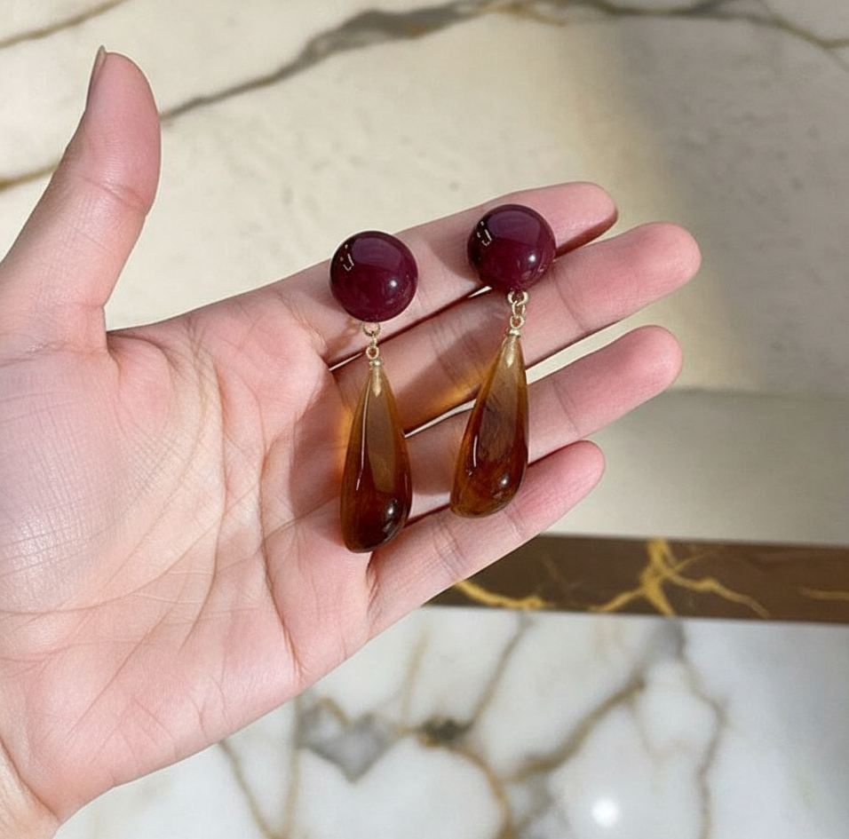 Amber Resin Teardrop Drop Earrings for Women in Wine Red and Gold Tone