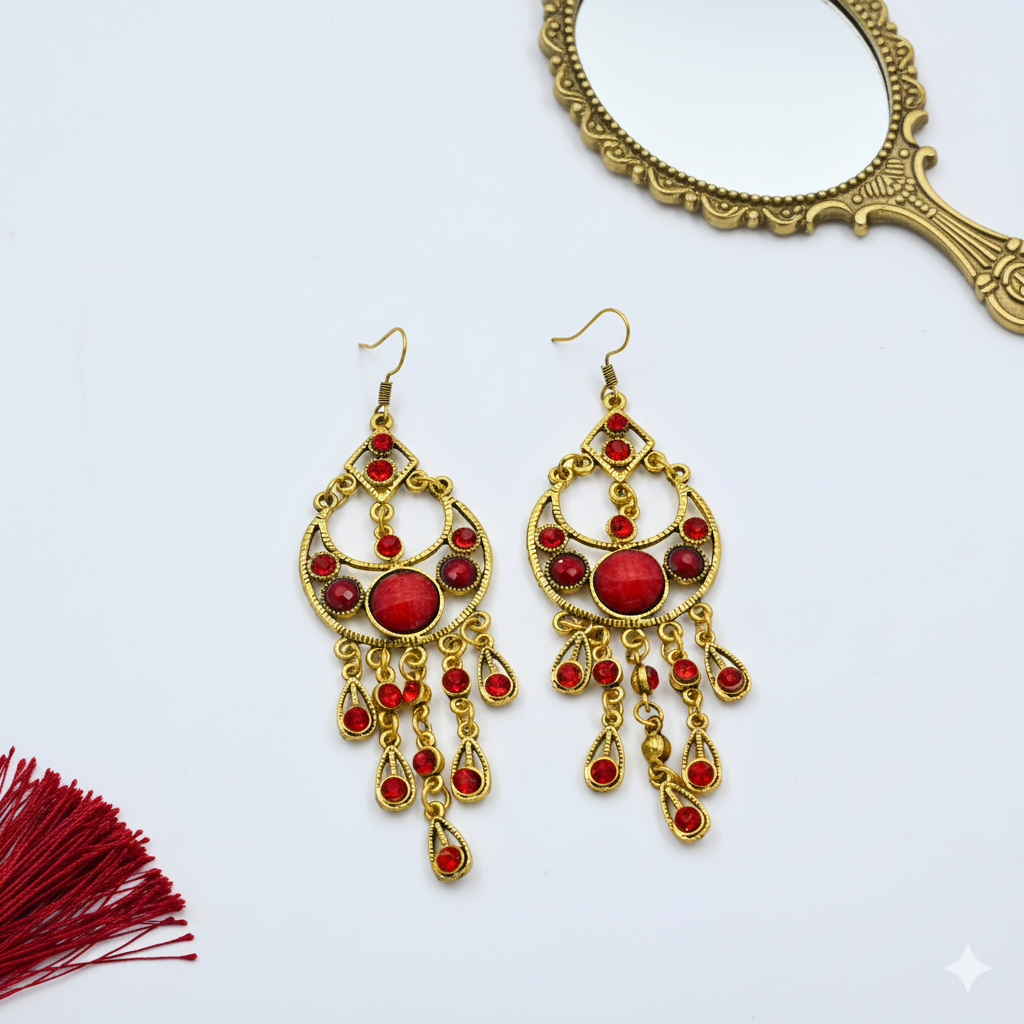 Bohemian Red Stone Tassel Earrings Gold Tone Alloy