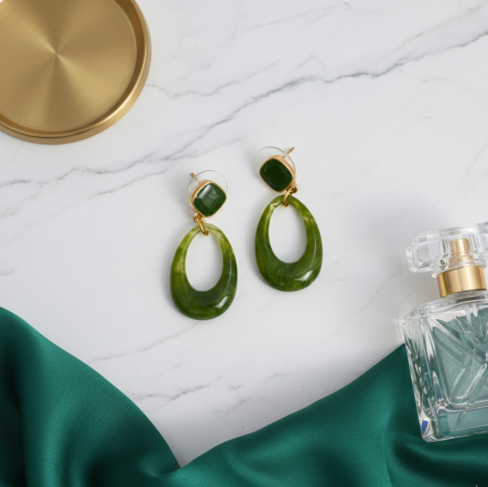 Olive Green Resin Open Teardrop Drop Earrings Gold Tone Detail