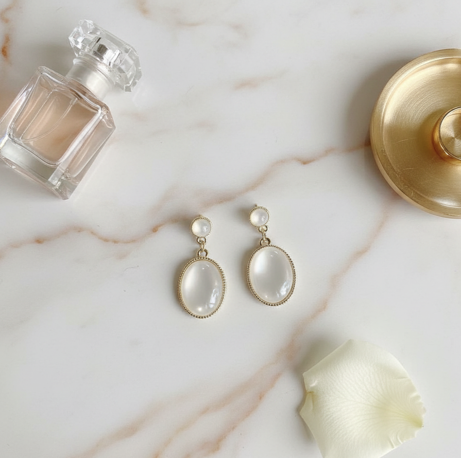 White Cat’s Eye Drop Earrings Gold Tone Stud Earrings