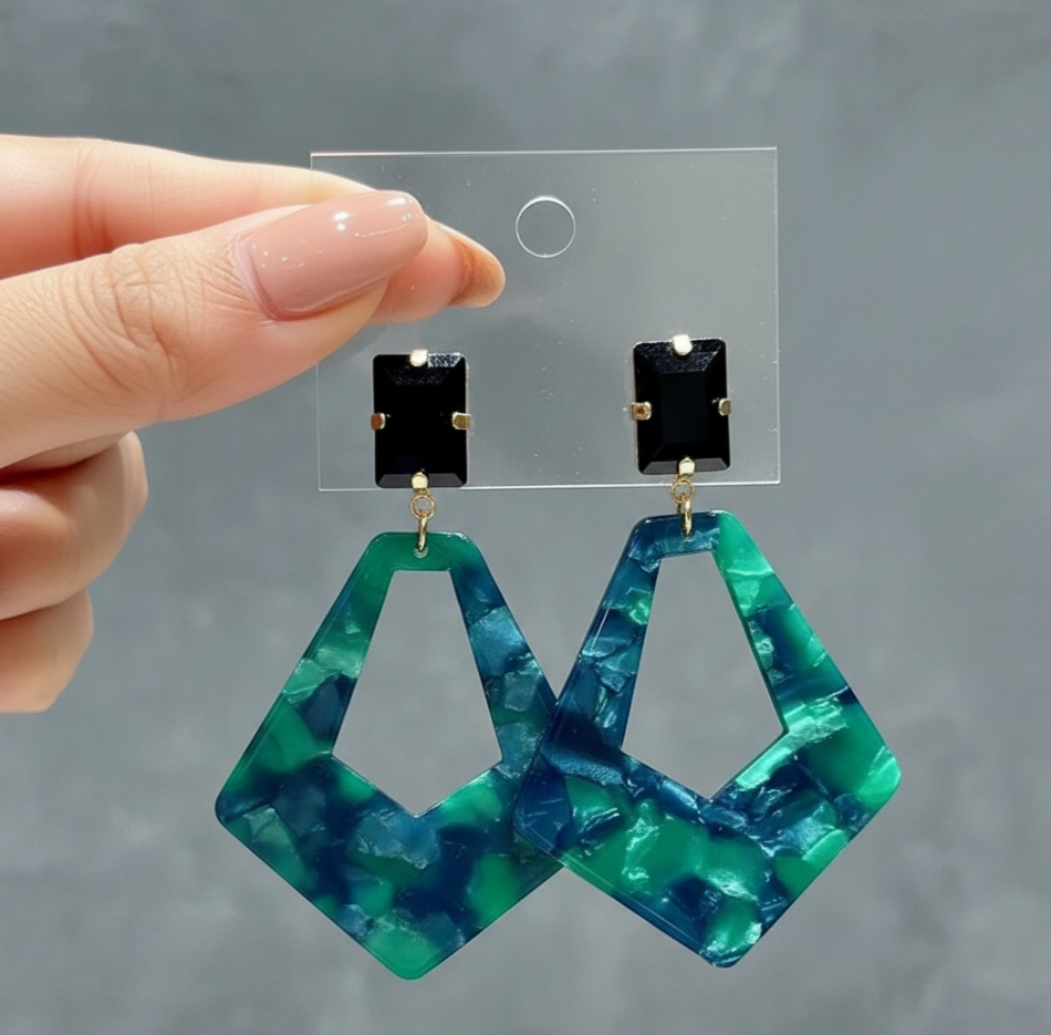 Green Acrylic Geometric Dangle Earrings Gold Tone Silver Needle