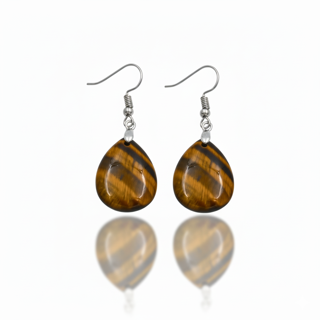 Tiger Eye Teardrop Dangle Earrings Silver Tone