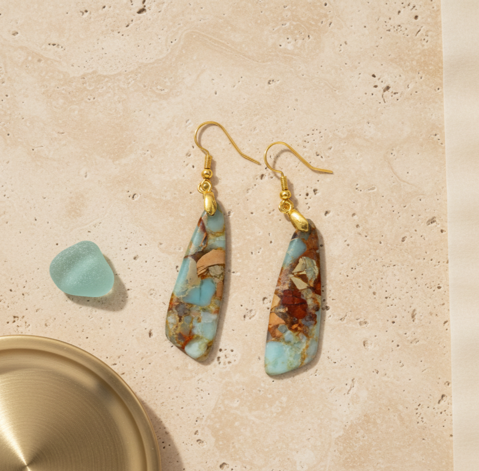 Emperor Stone Jasper Dangle Earrings Gold Tone Geometric Drop