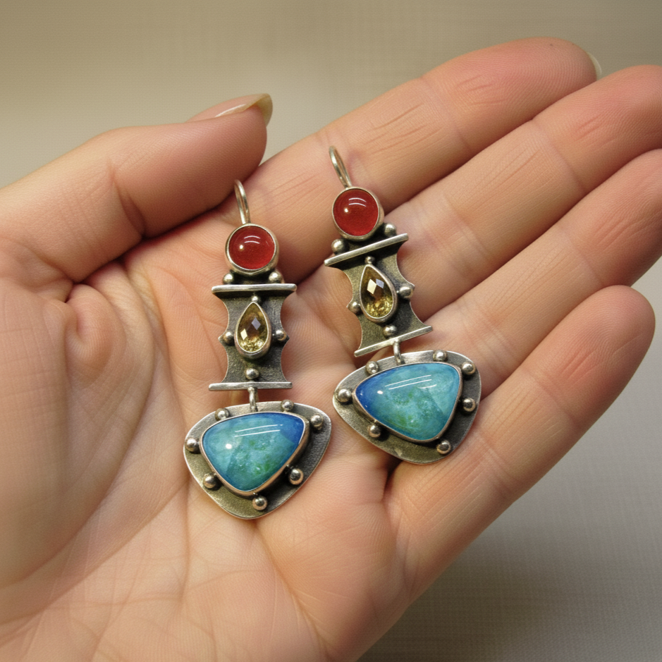 Blue Turquoise Drop Earrings Silver Tone