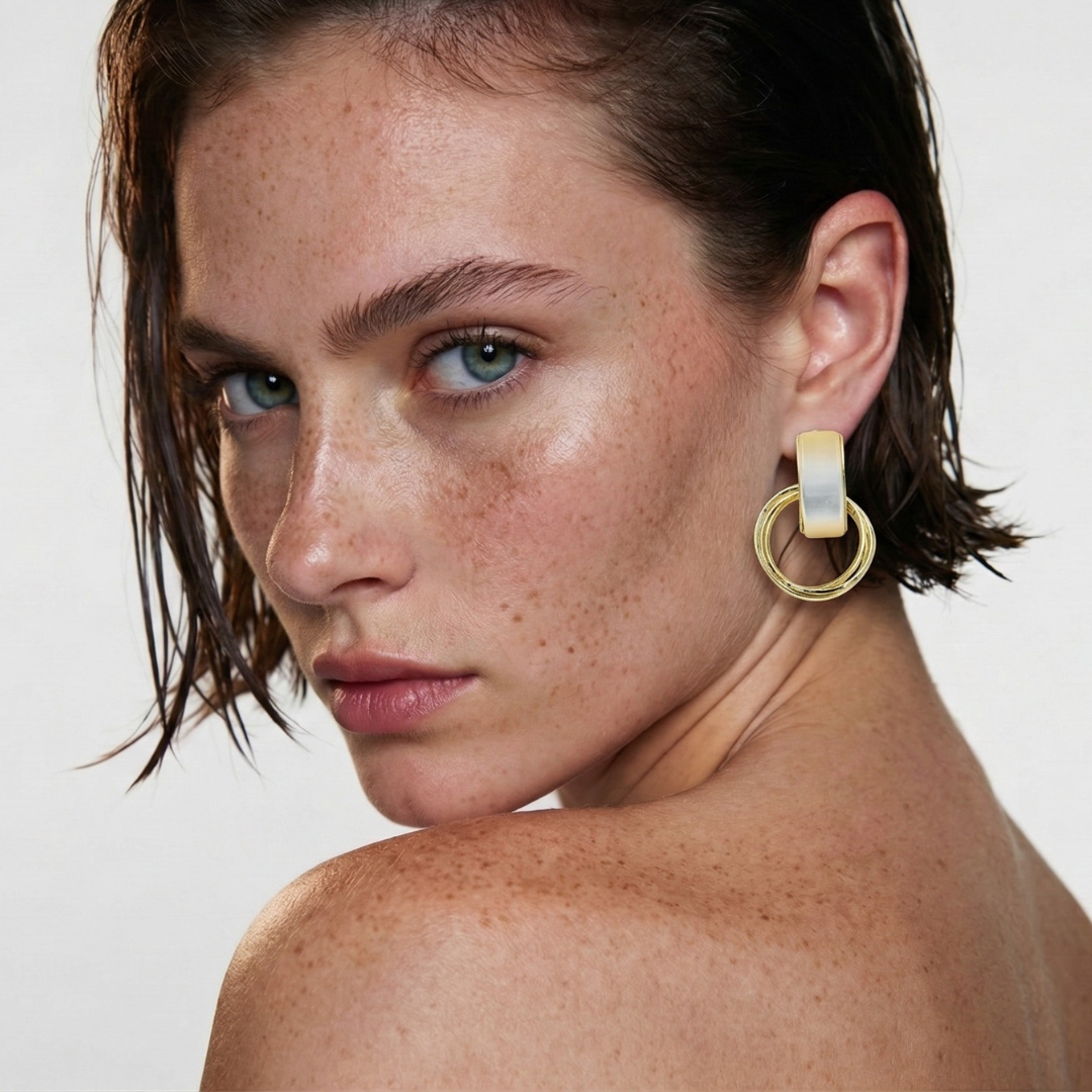 Cat's Eye Geometric Drop Earrings Gold Tone Circle Earrings