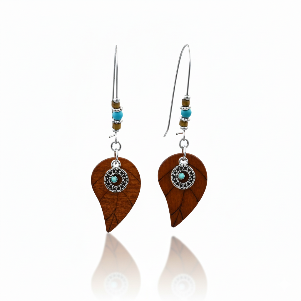 Bohemian Wooden Leaf Drop Earrings Silver Tone