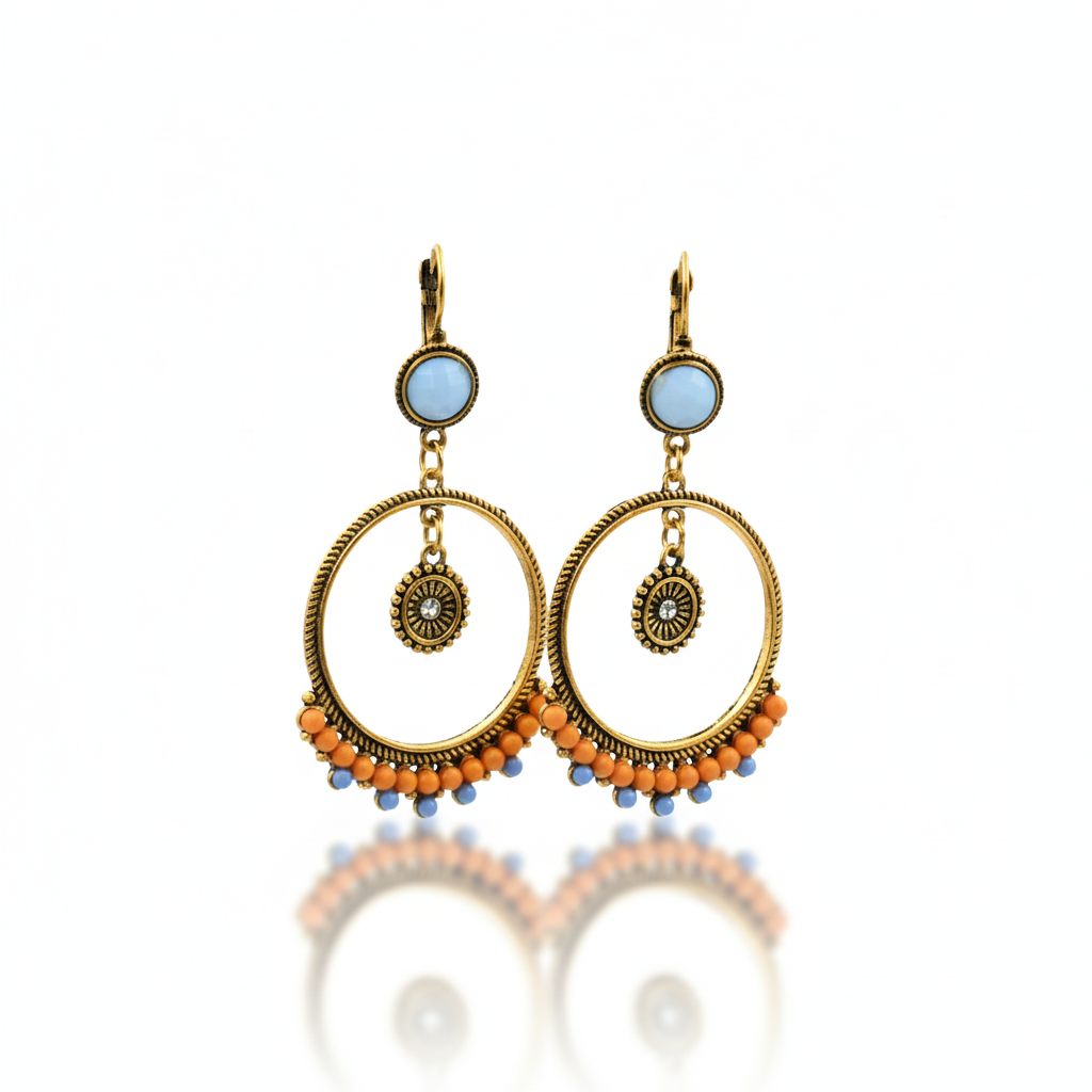 Bohemian Beaded Hoop Drop Earrings Gold Tone Alloy