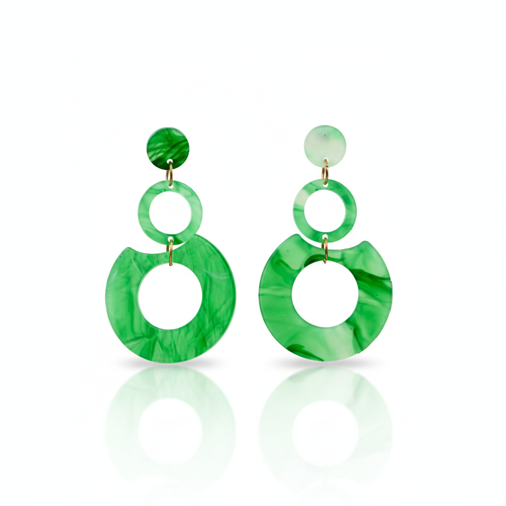 Green Abstract Resin Circle Drop Earrings Gold Tone Studs