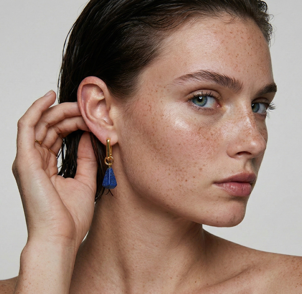 Lapis Lazuli Drop Earrings Gold Tone Brass
