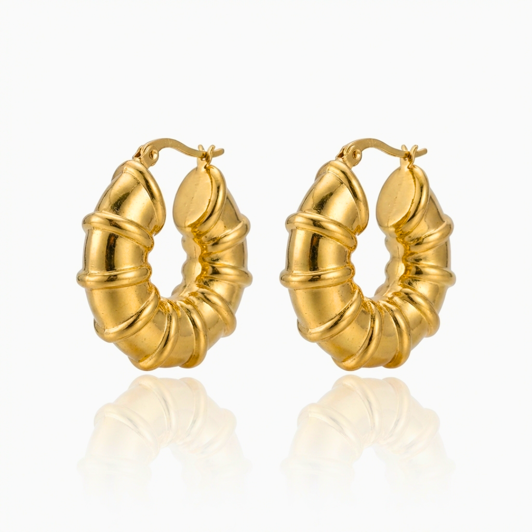 18K Gold Plated Chunky Bamboo Hoop Earrings in 316L Stainless Steel