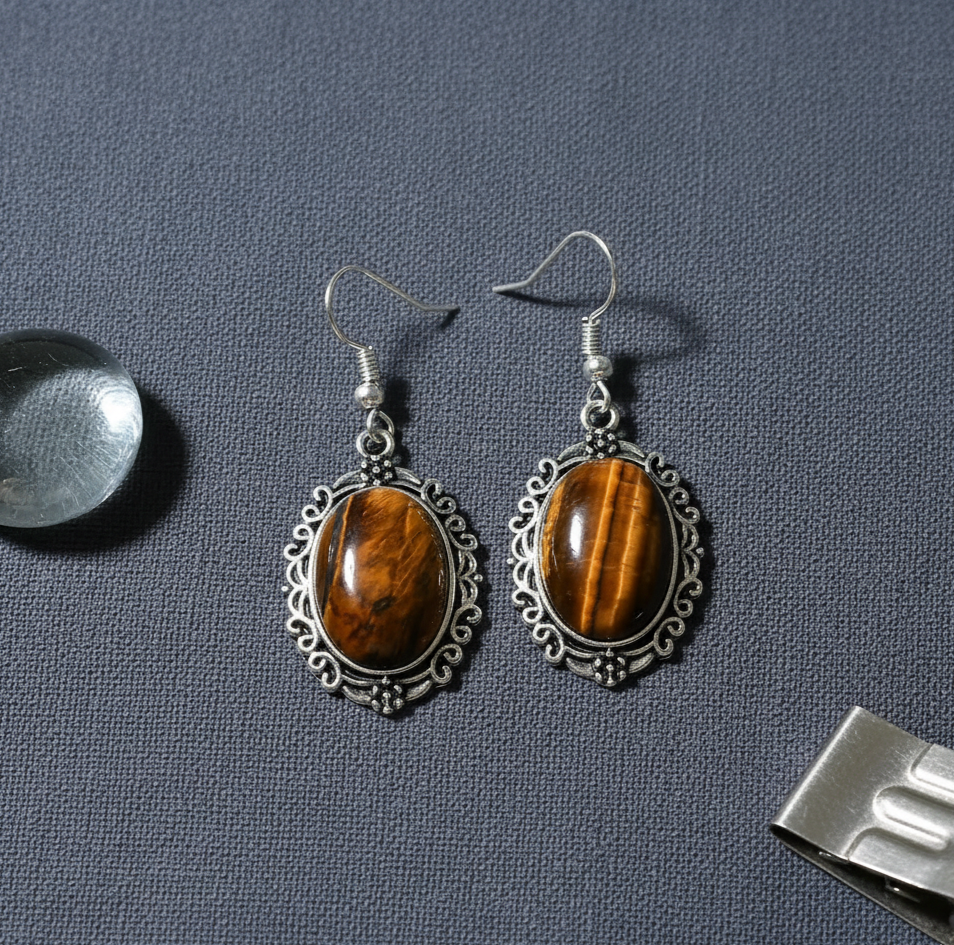 Tiger’s Eye Dangle Earrings Silver Tone Hook Earrings