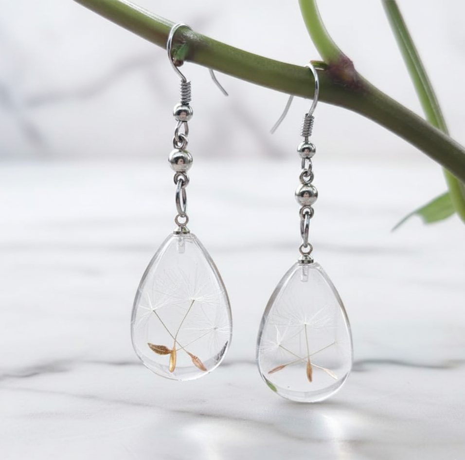 Clear Dandelion Resin Teardrop Earrings Stainless Steel Hooks