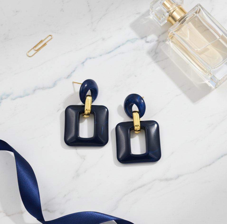 Navy Blue Resin Square Drop Earrings Gold Tone Detail