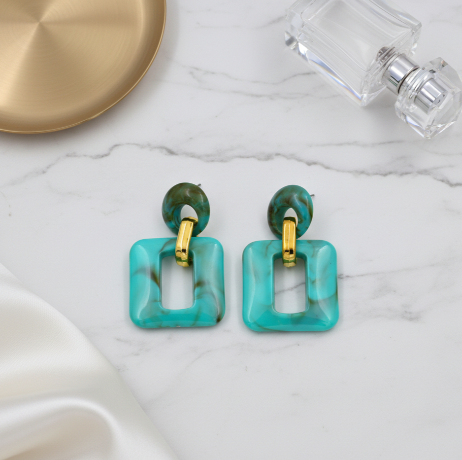 Turquoise Acrylic Geometric Dangle Earrings Gold Tone Studs