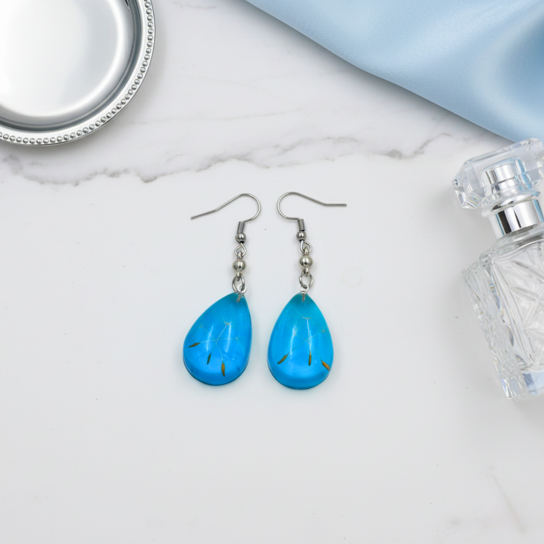Sky Blue Dandelion Resin Teardrop Earrings Stainless Steel Hooks