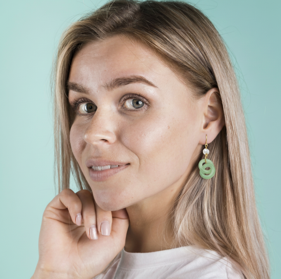 Mint Green Interlocking Resin Drop Earrings with Pearl Bead and Gold Tone Hooks