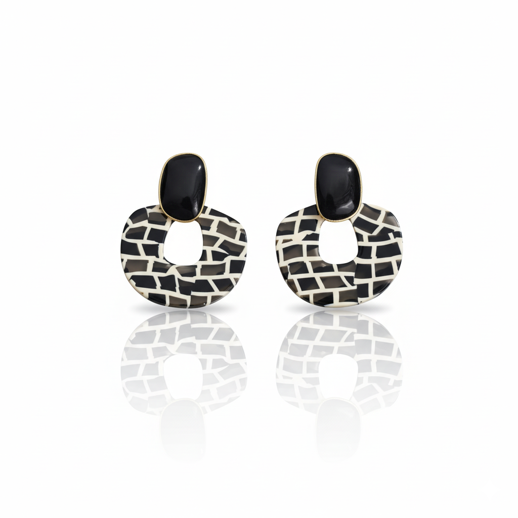 Black and Cream Acrylic Statement Drop Earrings Gold Tone Studs