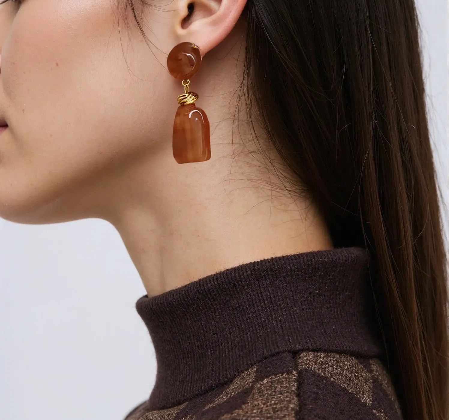 Amber Resin Dangle Earrings Gold Tone Studs
