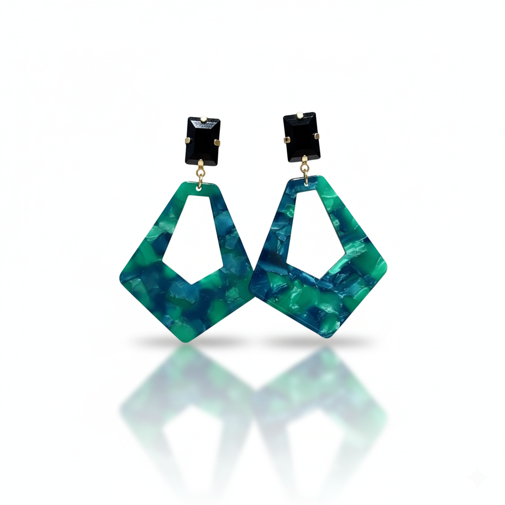 Green Acrylic Geometric Dangle Earrings Gold Tone Silver Needle