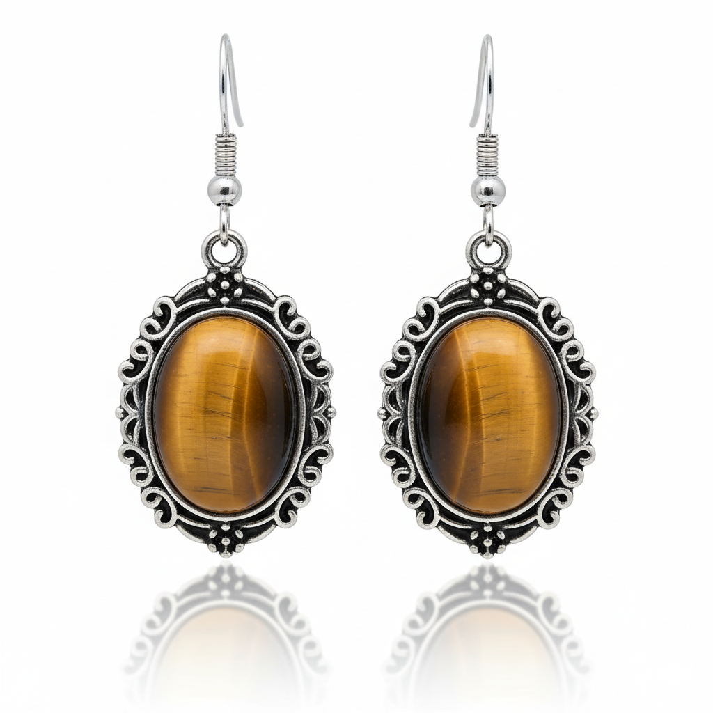 Tiger’s Eye Dangle Earrings Silver Tone Hook Earrings