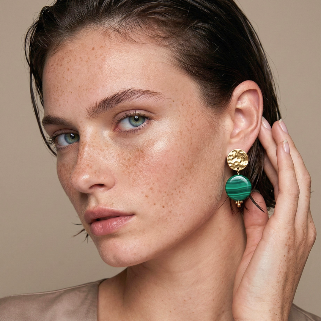 Malachite Drop Earrings Gold Tone Metal