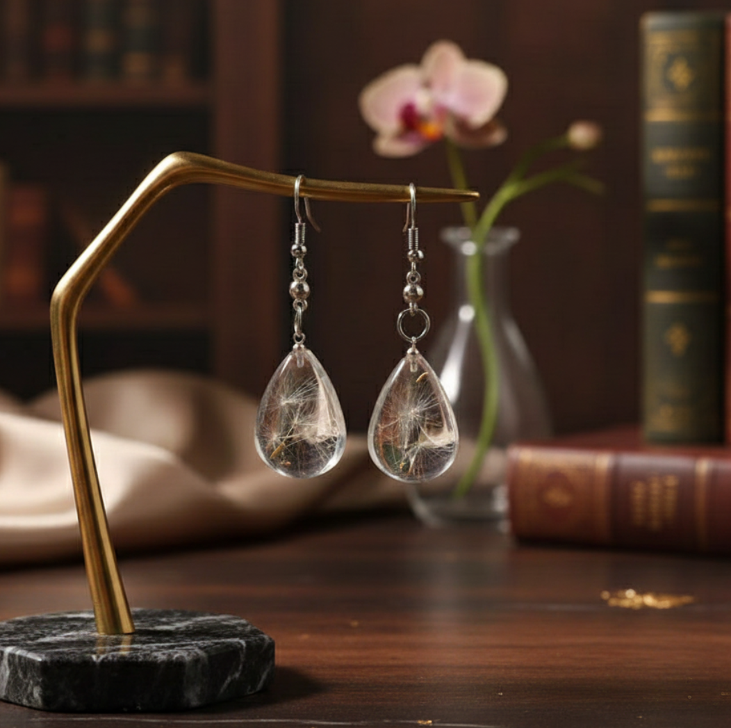Clear Dandelion Resin Teardrop Earrings Stainless Steel Hooks