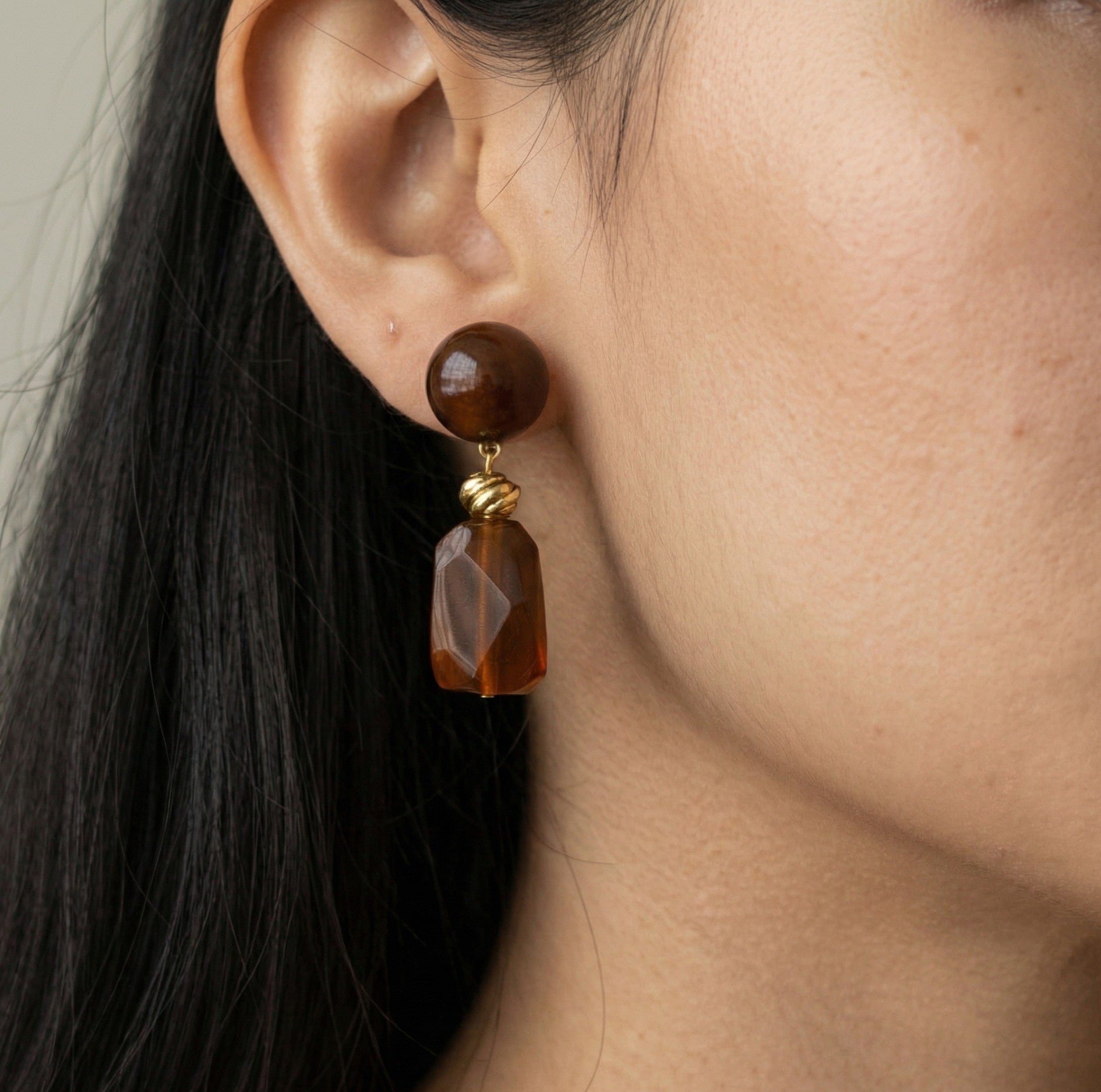 Amber Resin Dangle Earrings Gold Tone Studs