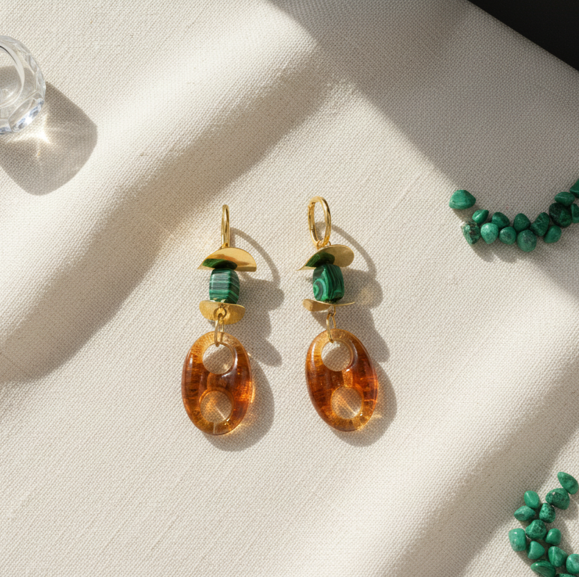 Gold Plated Resin Drop Earrings with Green Stone Bead and Stainless Steel