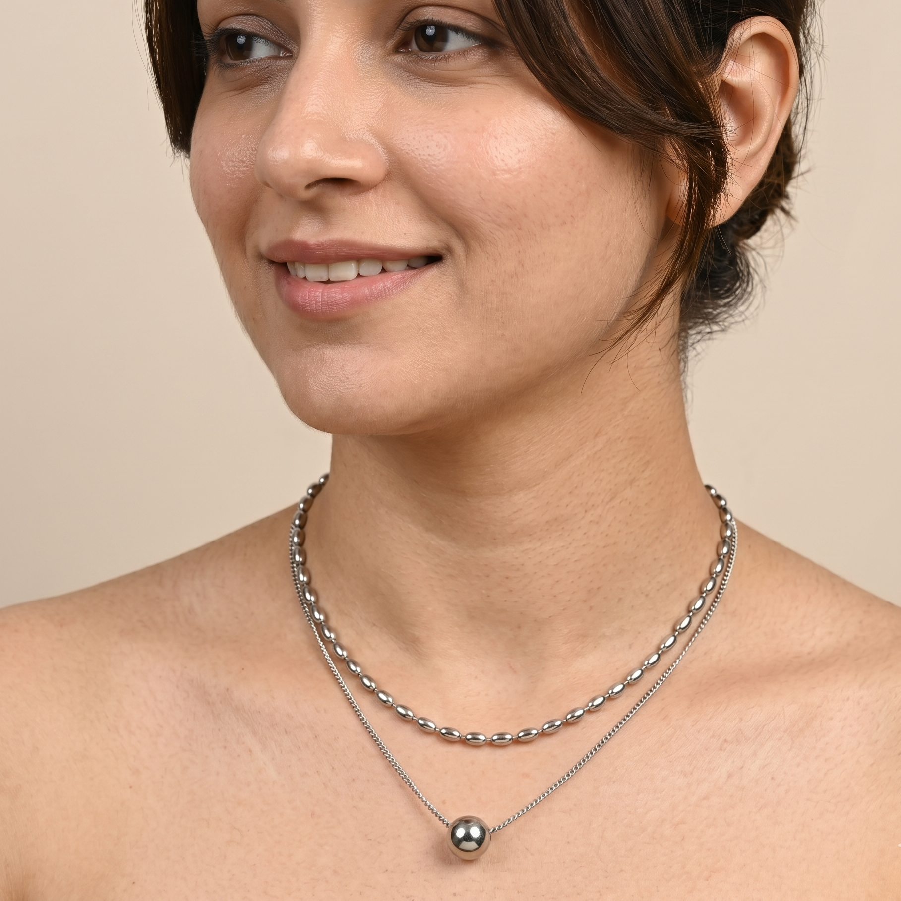 Layered Silver Bead Pendant Necklace for Women