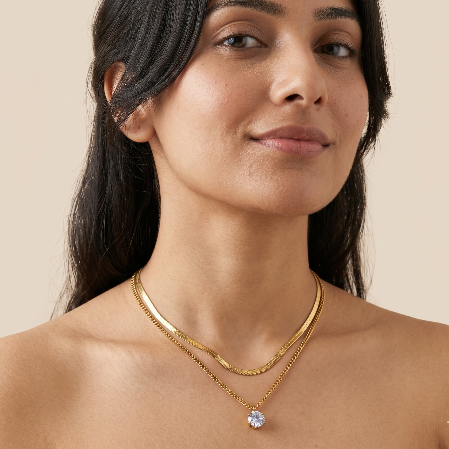 18K Gold Layered Snake Chain Zircon Pendant Necklace for Women